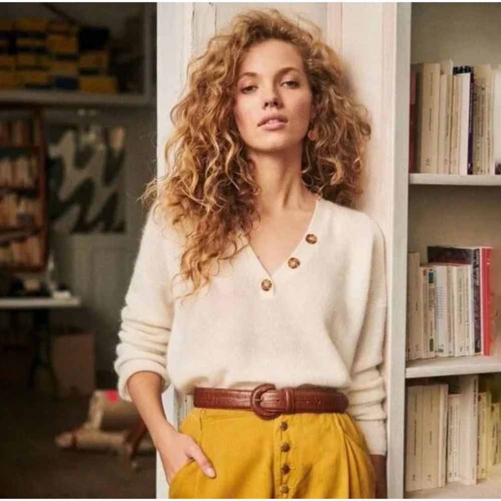 Sezane‎ Willy Mohair Alpaca Henley Sweater Ecru Cream Button Detail XS